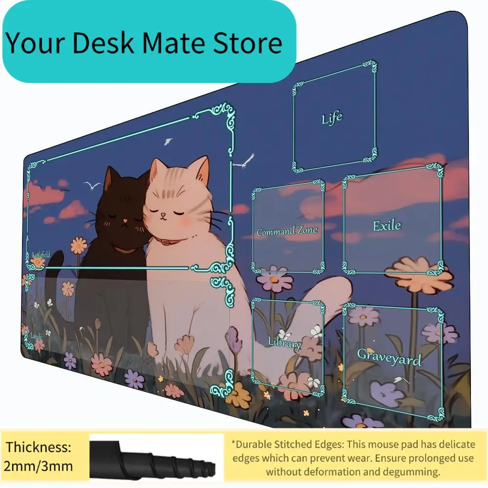 Cute Cat Theme Kawaii Magic Playmat Card Battle Gaming Mat with Zone MTG Playmat 60X35cm Desk Mat Suitable for Game Gathering