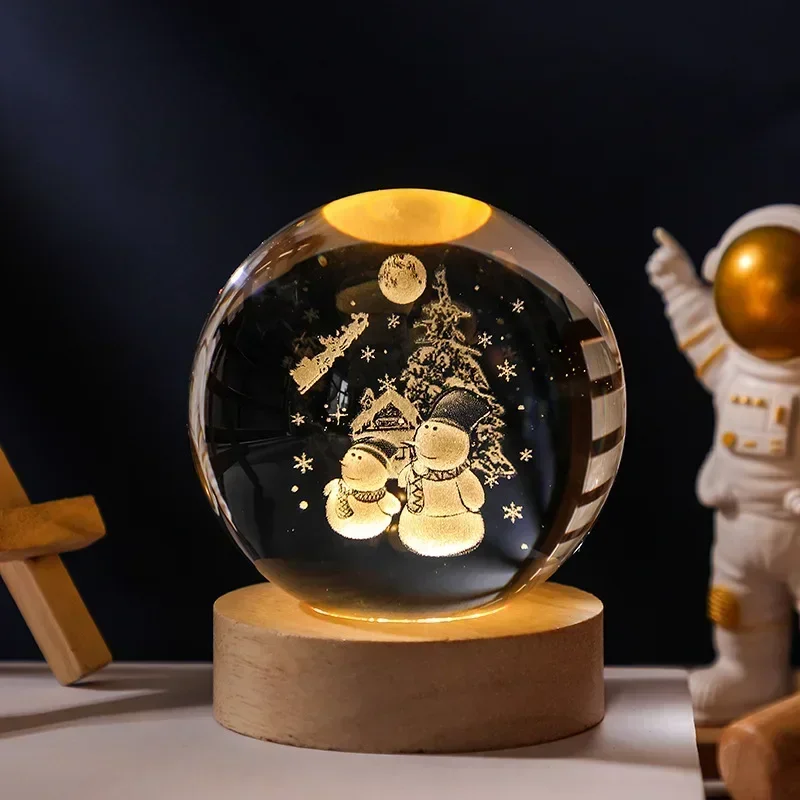 3D Crystal Ball Moon Planet Night Light Laser Engraved Saturn Globe Santa Clause Snowman Birthday Gift Home Space Desktop Decor