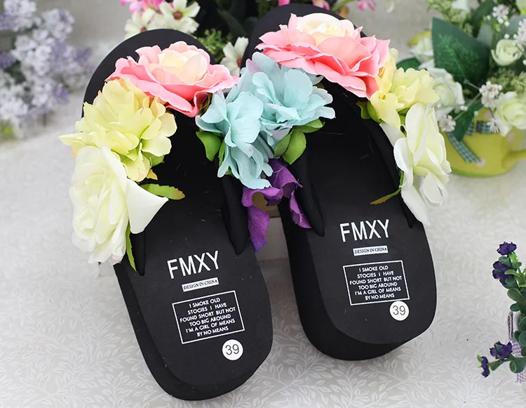 Handmade Slippers For Women Summer Flip Flop Flowers Decoration Female Indoor 6cm High Heel Bohemia Beach Sandal Slippers