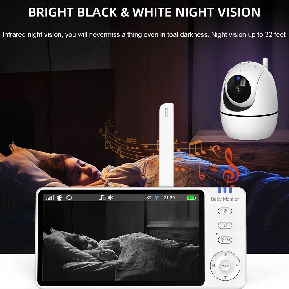 5 Inch Video Baby Monitor PTZ Camera with Two-Way Audio Lullaby Babyphone Temperature Sensor Home Security Surveillance Camera