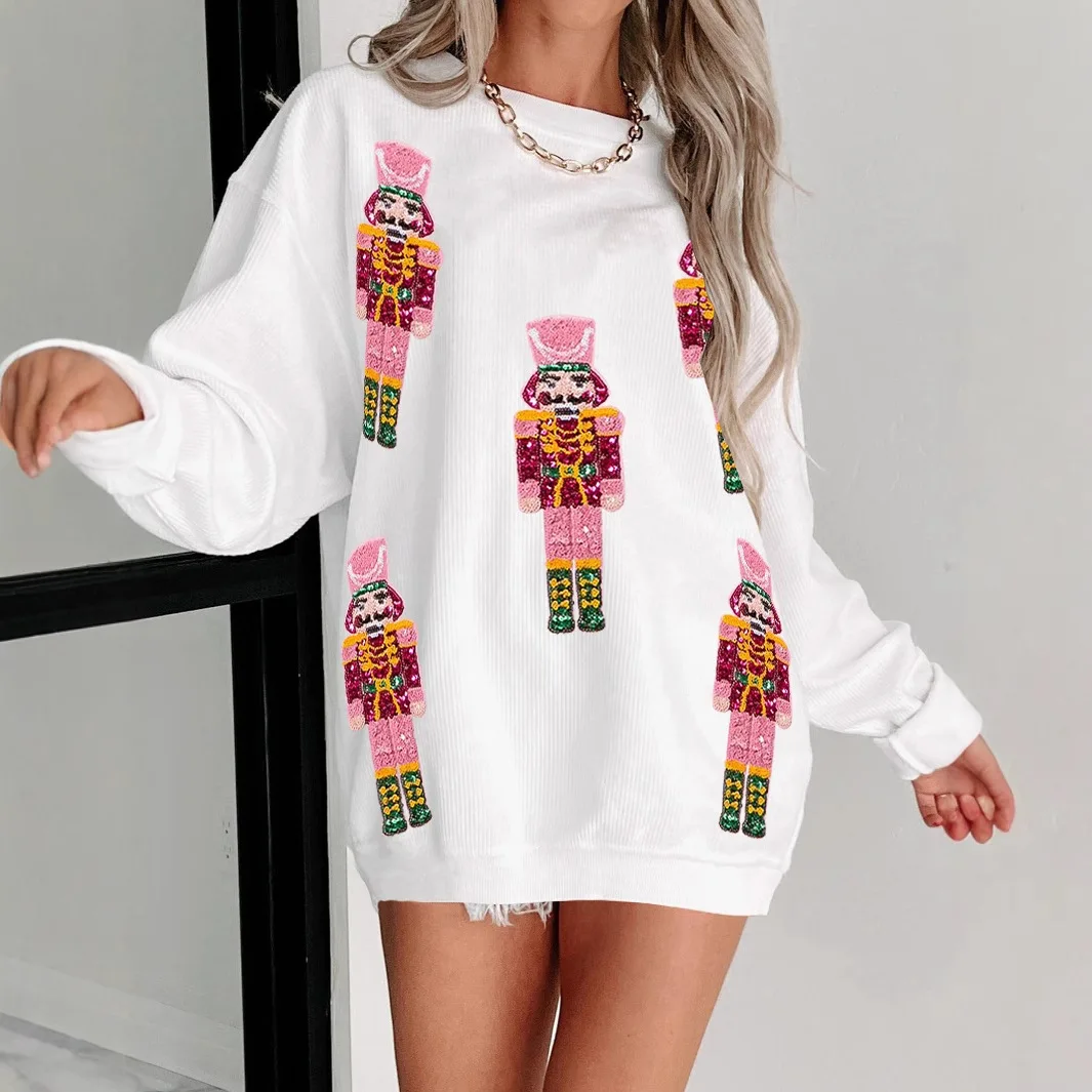 Hoodie Woman Streetwear 2024 Autumn/Winter Fashionable and Versatile Christmas Bead Round Neck Long Sleeve Loose Tops Female