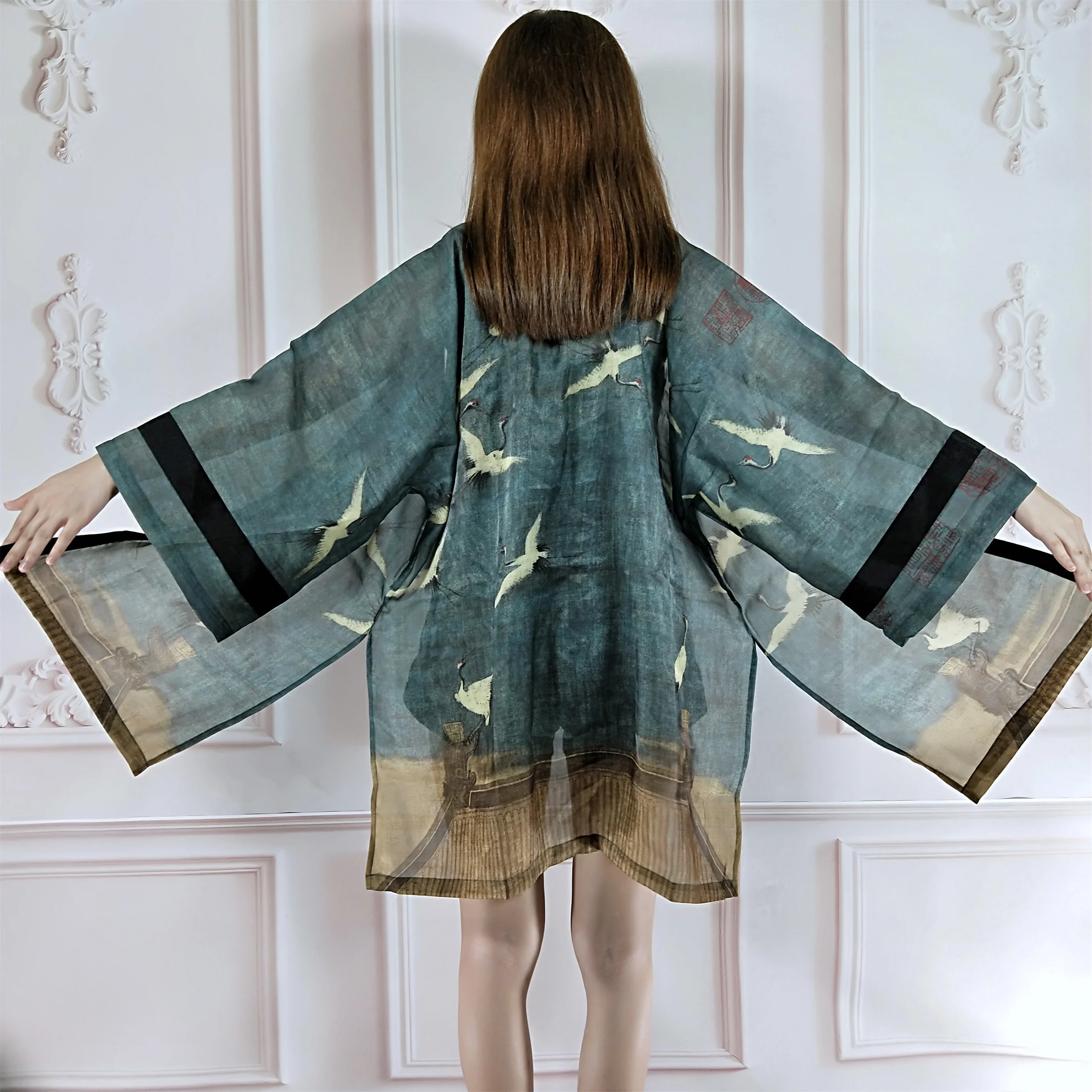 Vintage Japanese Kimono Cardigan Loose Waist Belt Sashes Split Outwear Elegant Women Summer Jacket Coat Female Blouse Top Shirt 