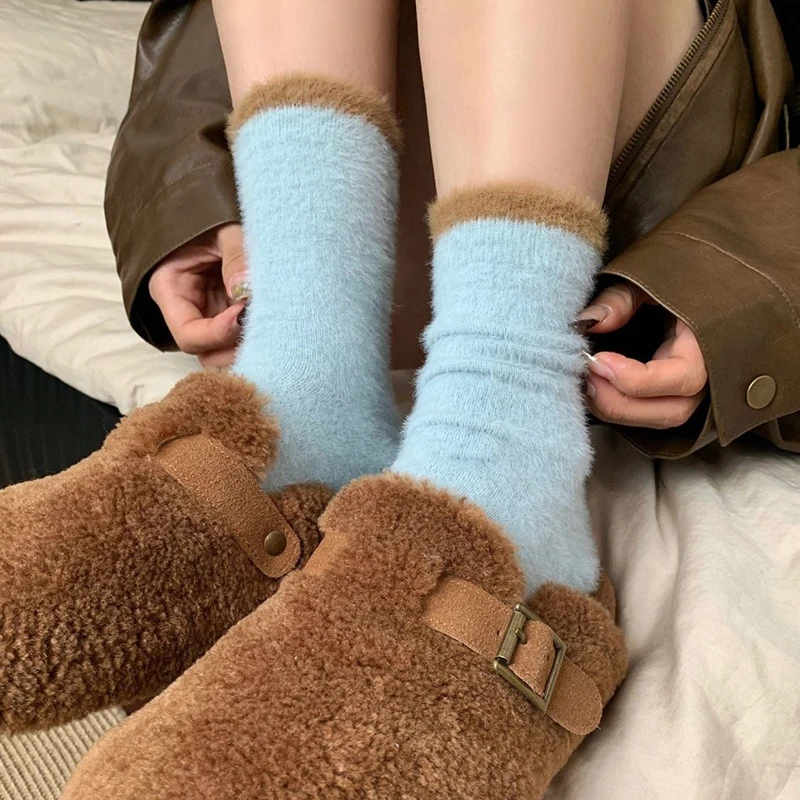 Women Velvet Solid Thick Thermal Mink Fluffy Sock Plush Ladies Home Floor Slipper Sleepping Socks