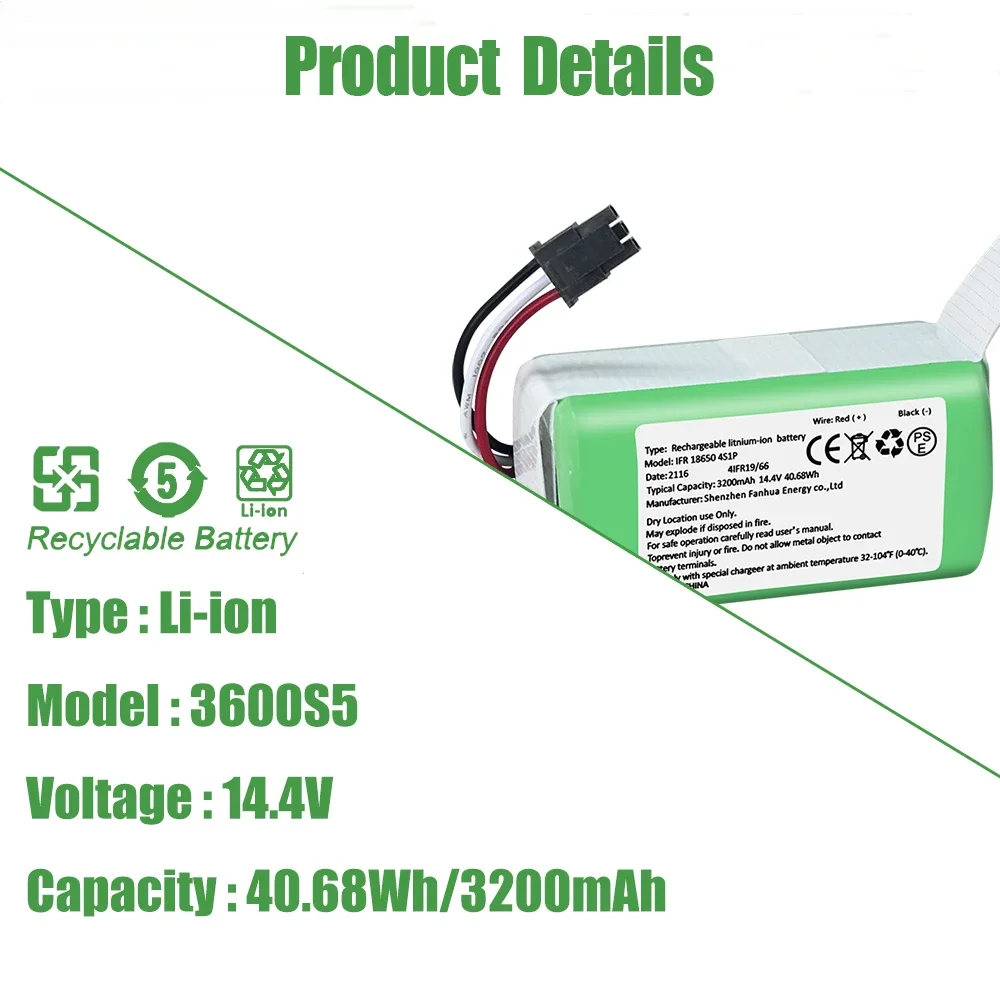 14.4V 3200mAh Robot Battery for Qihoo 360 S5 S7 Pro T90 X9 C50 LIFERO RX9 AIRROBO P10 TCL S1 S15 S18 Vacuum Cleaner