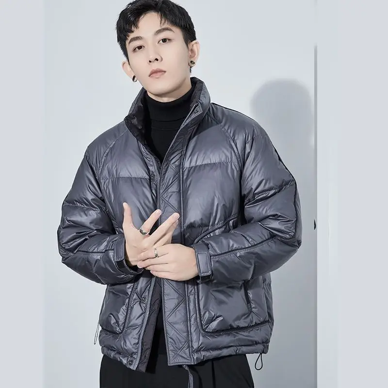 Men Short Lightweight Down Jacket Winter Warm Down Coat Korean Loose White Duck Down Big Pockets Zipper Long Sleeve Outerwear