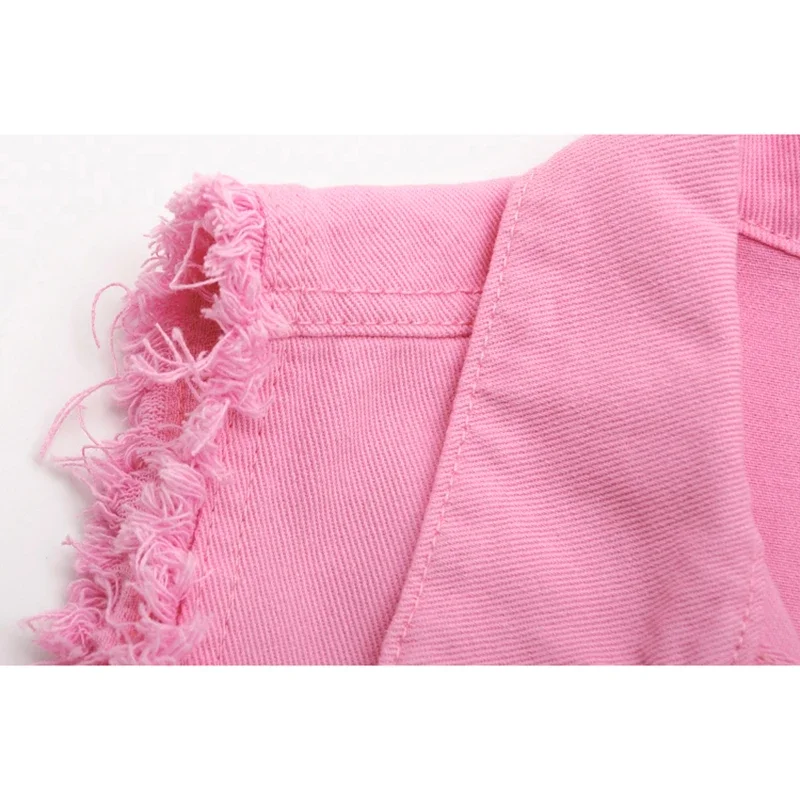

Summer Pink White Denim Vests Women Slim Short Casual Cowboy Waistcoat Fashion Frayed Big Pocket Sleeveless Jeans Vest Female