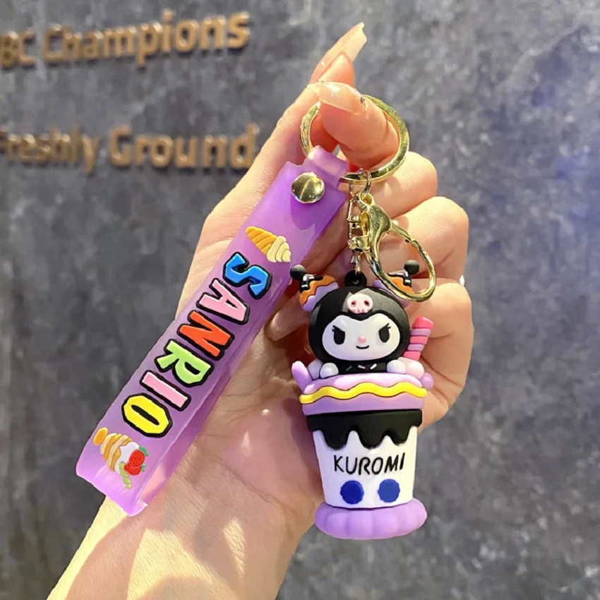 아이스크림 Sanrio 헬로 키티 피규어 키 체인 Kuromi 마이 멜로디 액션 피규어 모델 PVC 열쇠 고리 Cinnamoroll 생일 선물