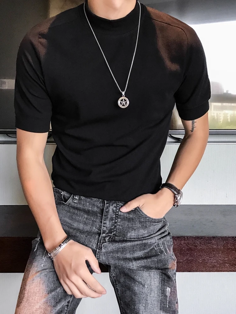 Autumn Men's Fce f-High Collar ort Sve T-irt Base irt Simple Color Slim Fit f Sve Brued T