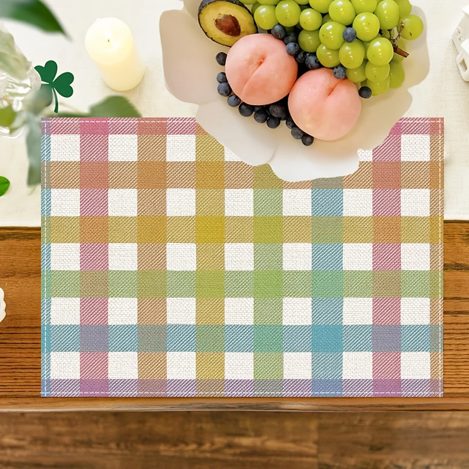 Of 4 Flat 2D Placemats in Blue, Pink, and Yellow Buffalo Plaid, Perfect for Easter Celebrations and Kitchen Dining Decor view 5