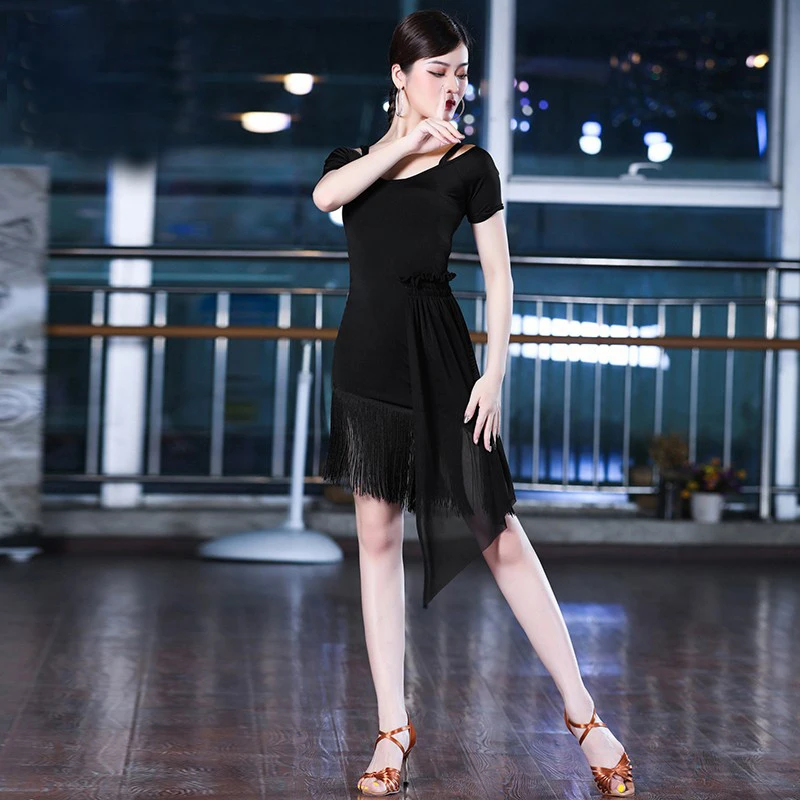 Latin Dance Dress Practicing Female Dance Dress Adult Black Fringe Dress New Ballroom Performance Competition Wear Line Clothing