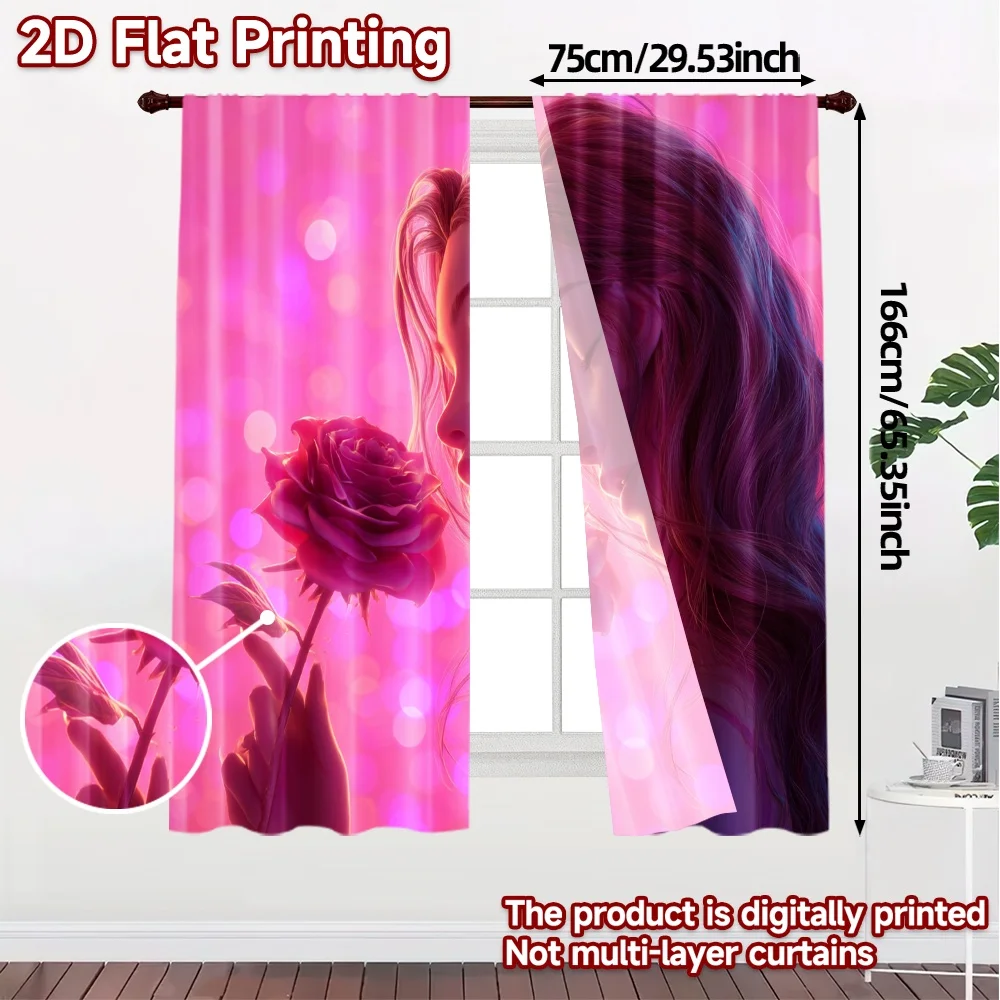 2pcs, 2D FLAT PRINTING Curtains (Without Rod) Blooming Glow Chic Curtains Digital Printed Versatile Polyester Fabric Curtains