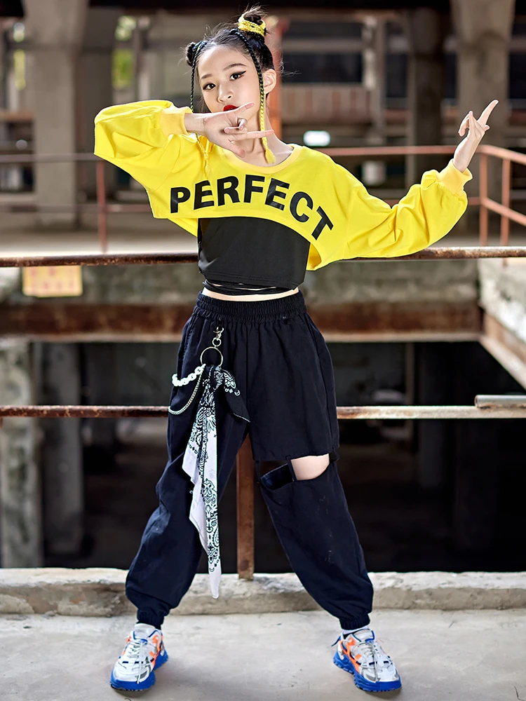 Girls Jazz Dance Costume Hip Hop Clothing Yellow Tops Black Pants Kids Modern Dance Performance Outfit Street Dance Suit BL9098