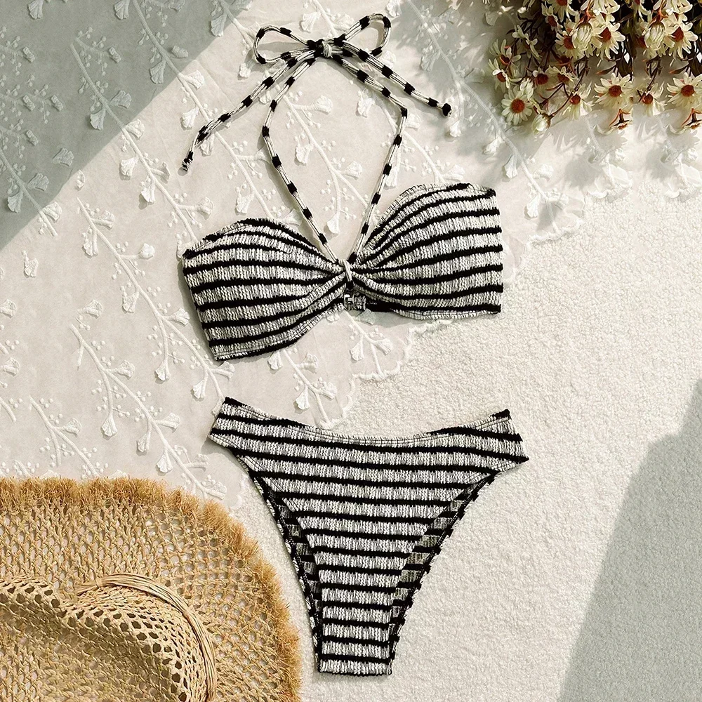 Striped Print String Halter Bandeau Bikinis Sets 2025 Sexy Swimsuit Women Ruched Swimwear Bathing Suit Brazilian Bikini Mujer