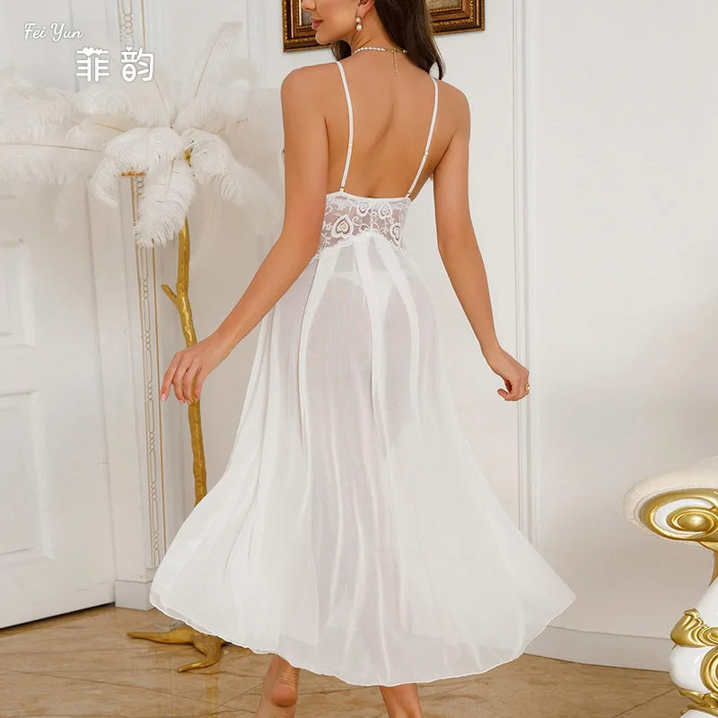 Damska seksowna koszula nocna prześwitująca koronka perły dekolt w serek ramiączka spaghetti rozcięcie sukienka gorąca dziewczyna piżama moda streetwearowa koszula nocna