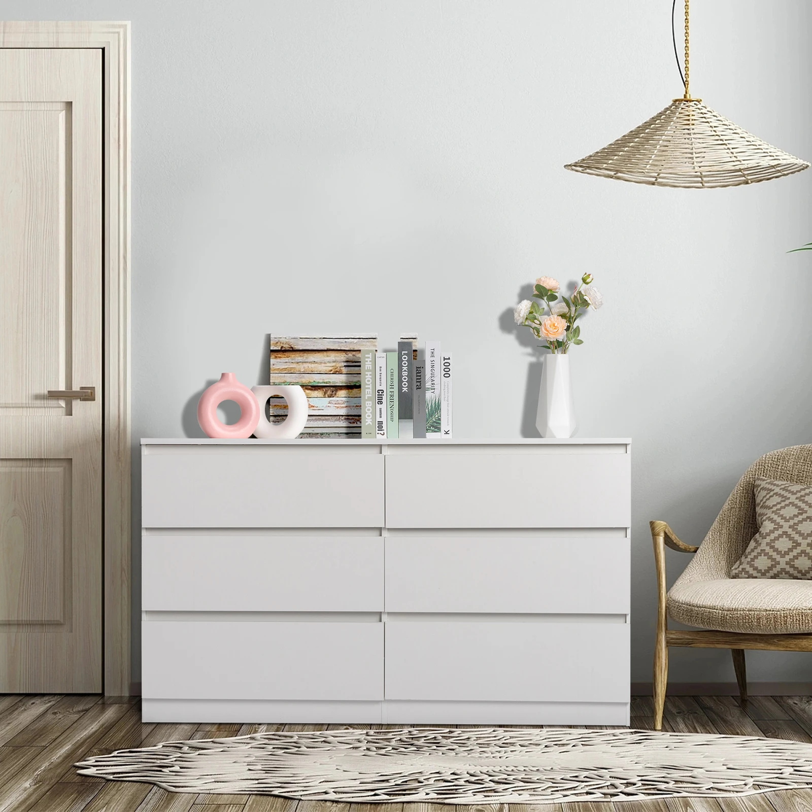 6 Drawer Double Dresser for Bedroom, Wide Storage Cabinet for Living Room Home Entryway, White