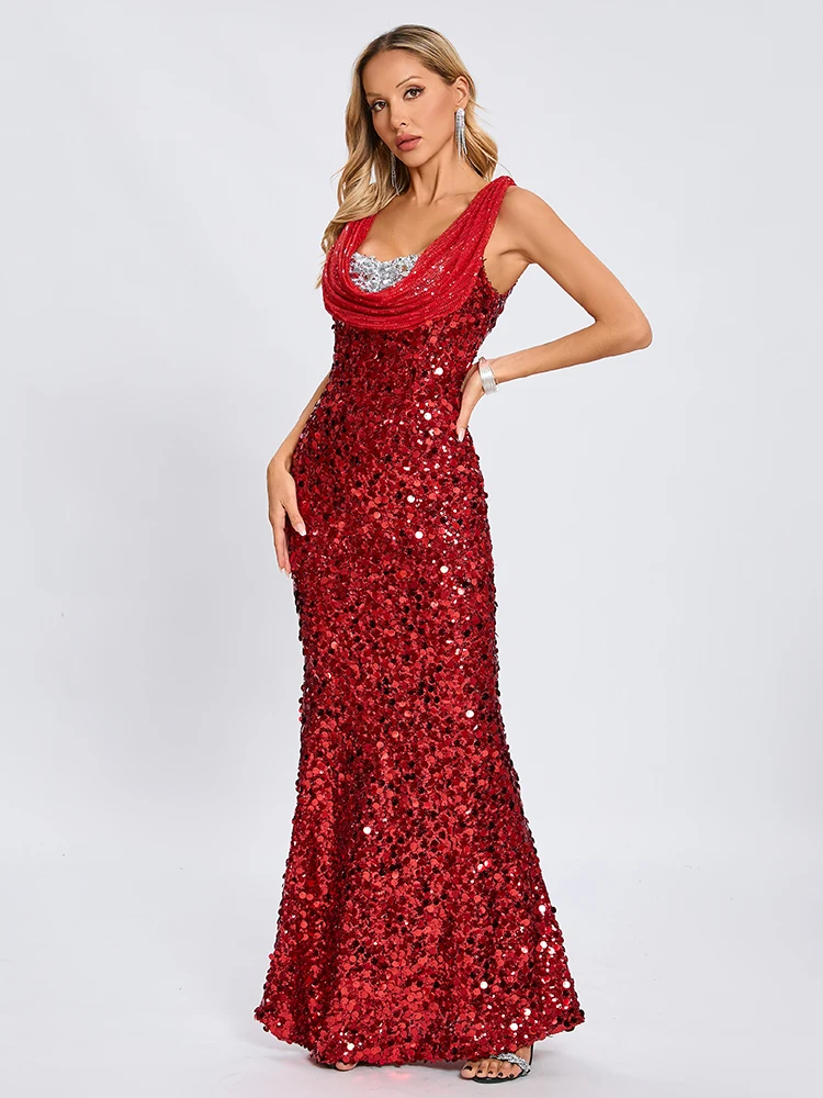 Festa à noite vermelho lantejoulas glitter vestido longo dupla camada pescoço sem mangas brilhante pergaminho vestidos finos