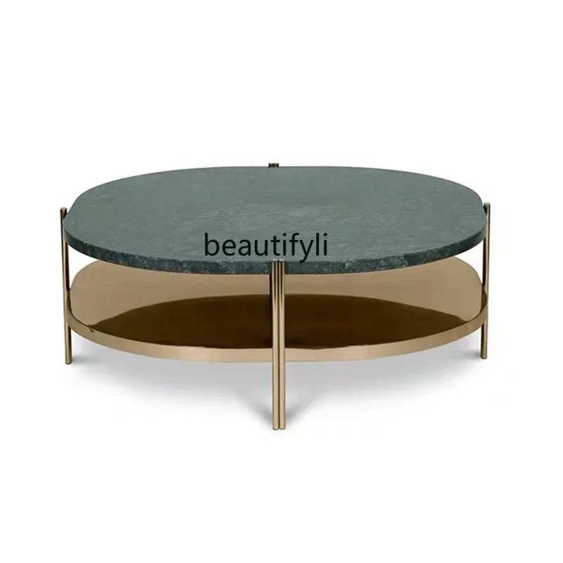 

S Light Luxury Minimalist Indian Green Marble Square Coffee Table Double Layer Designer Custom Tea Table Mirror Gold