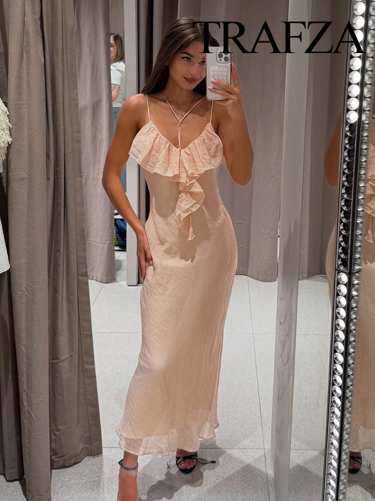 

TRAFZA Women's Summer Sexy Layer Decorative Lingerie Midi Thin Sling Dress Female Temperament Breathable Sleeveless Long Dress