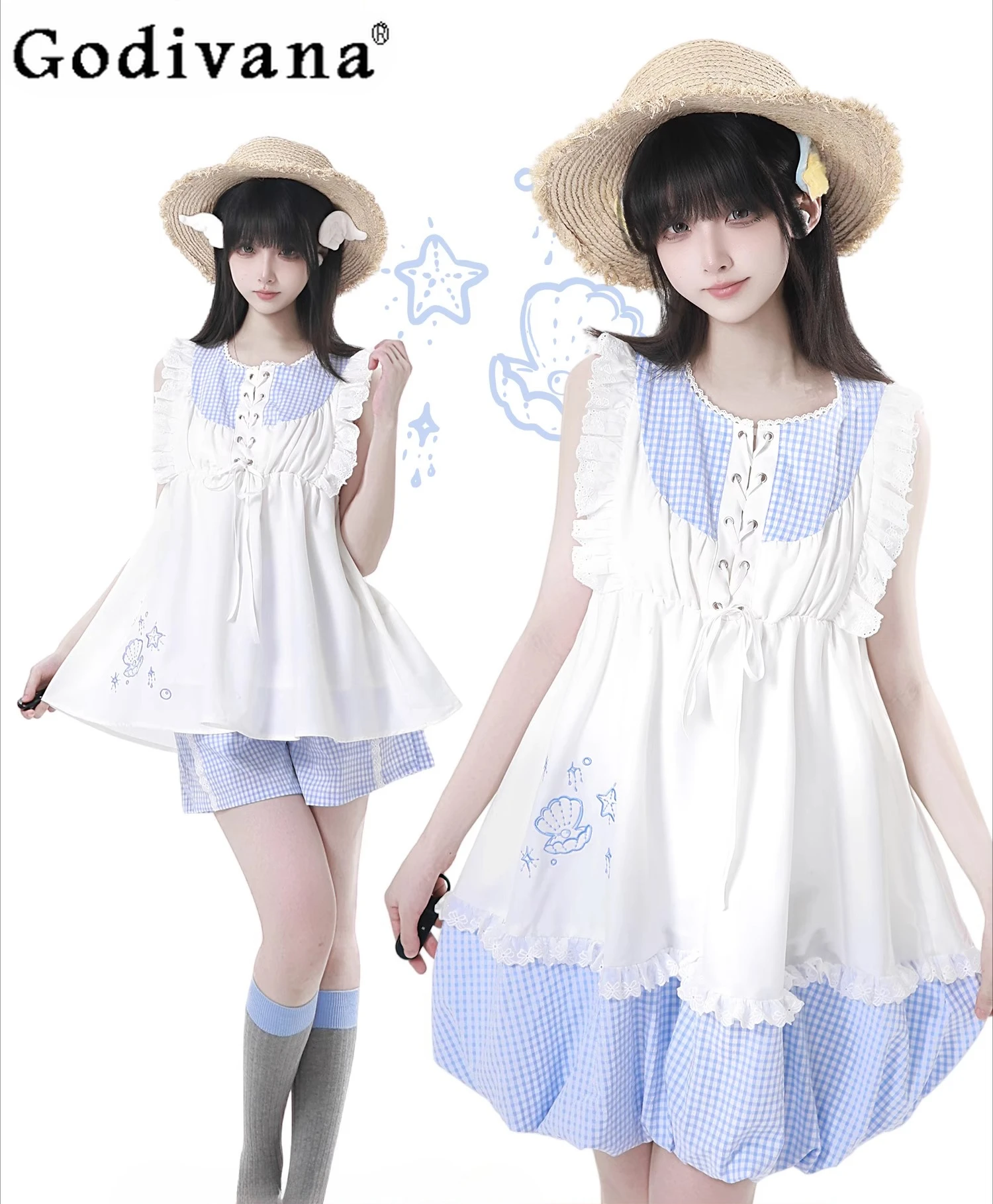 

Original Japanese Sweet Kawaii Bud Dress Summer New Girl's Cute Shell Print Short Dress Flying Sleeves Top Plaid Shorts Set