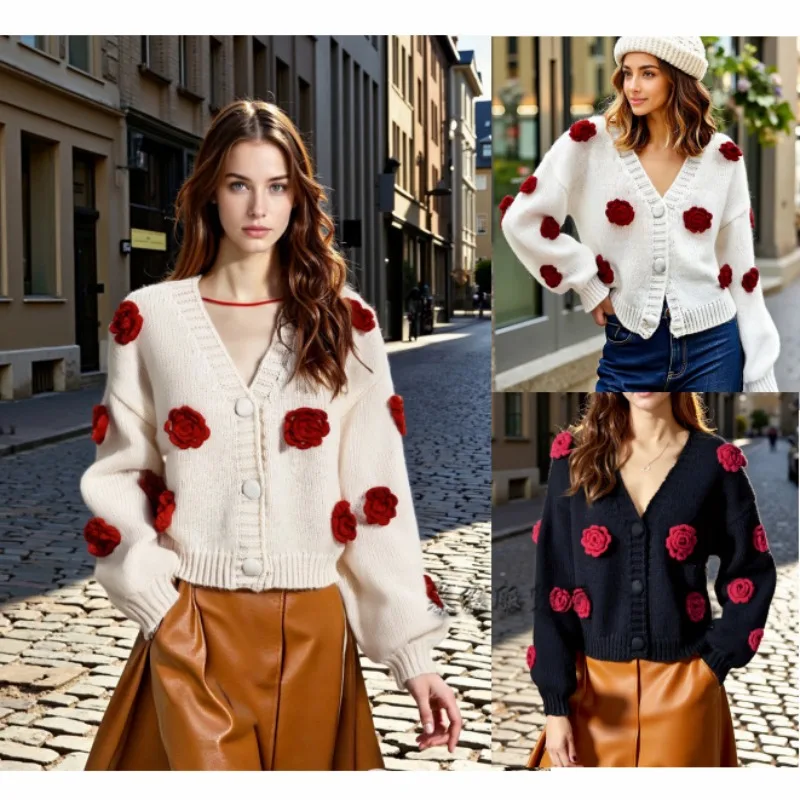 

3D Flower Appliques Button Down V Neck Long Sleeve Sweater Jacket Quality Women's Fall Winter Knit Cardigan Stylish 2025 new