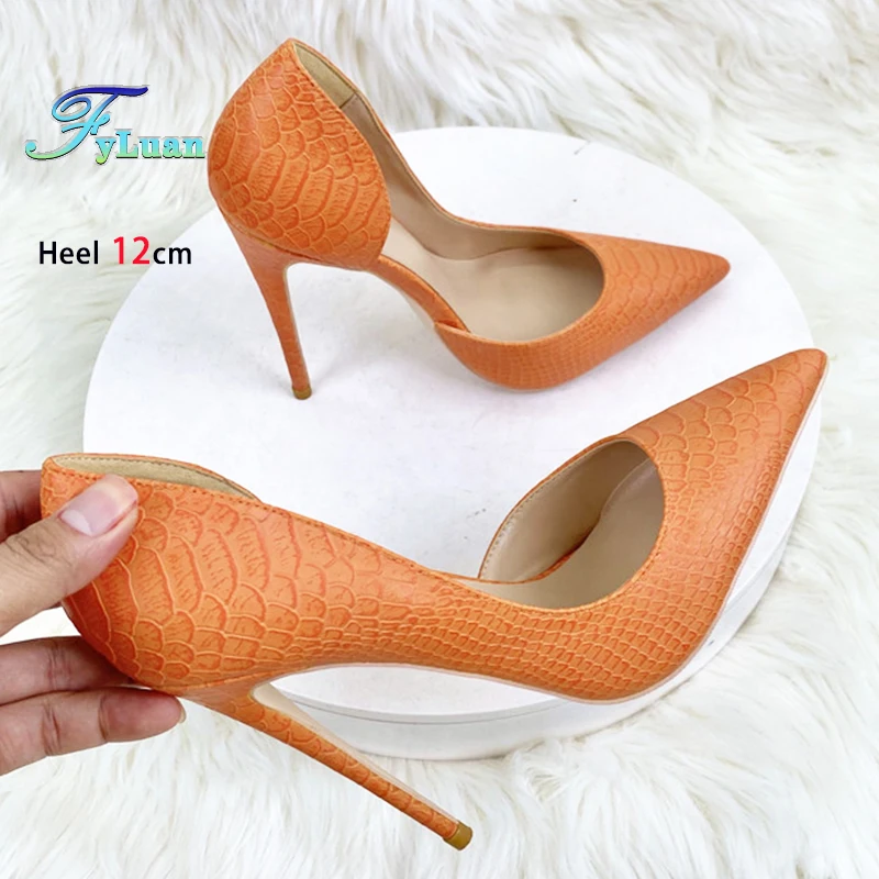 

Sexy Orange Snakeskin Women 8cm 10cm 12cm High Heels shallow mouth Elegant Pumps Fetish Ladies Party Dress Shoes Plus Size 34-45
