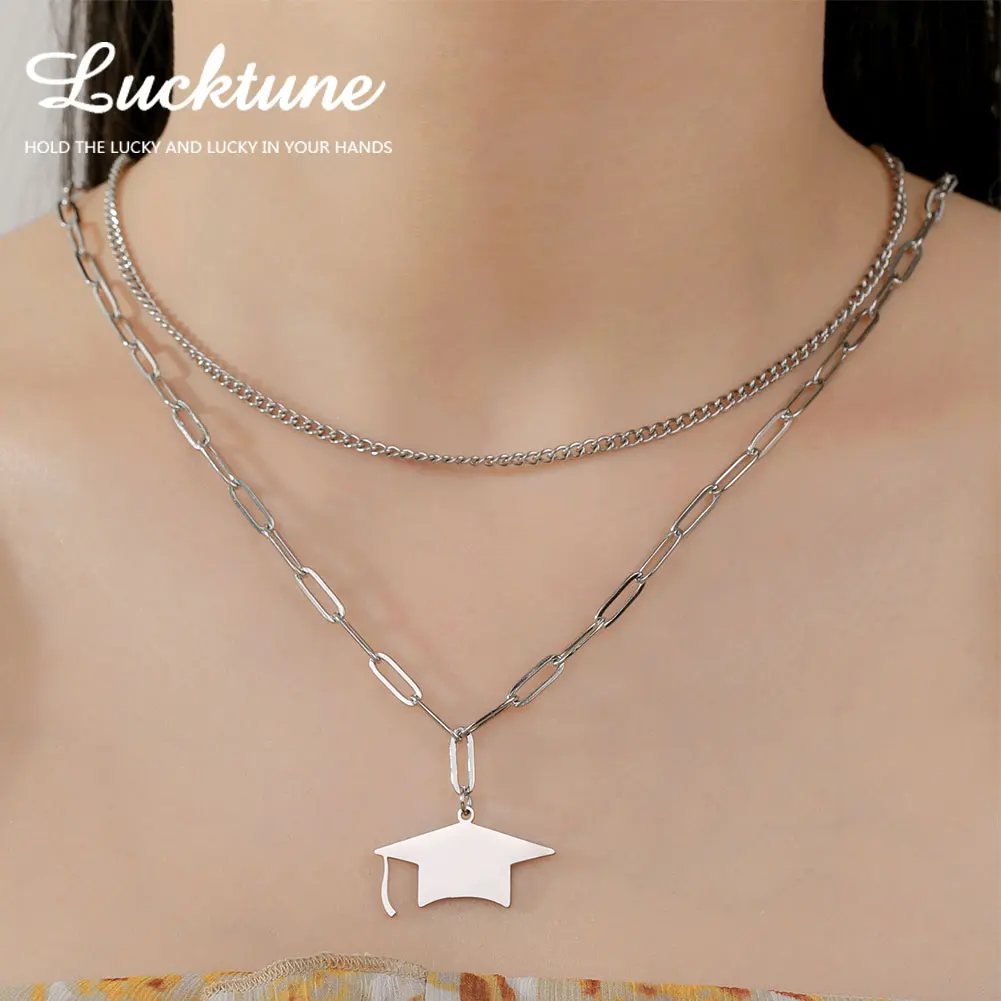 Lucktune Stainless Steel Graduation Cap Necklace for Women Men Bachelor Pendant Chokers With Students Jewelry Graduation Gifts