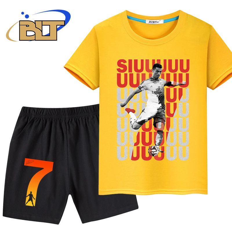 Ronaldo siuuuuu printed children\'s clothing children\'s summer suit T-shirt shorts 2-piece set suitable for boys and girls