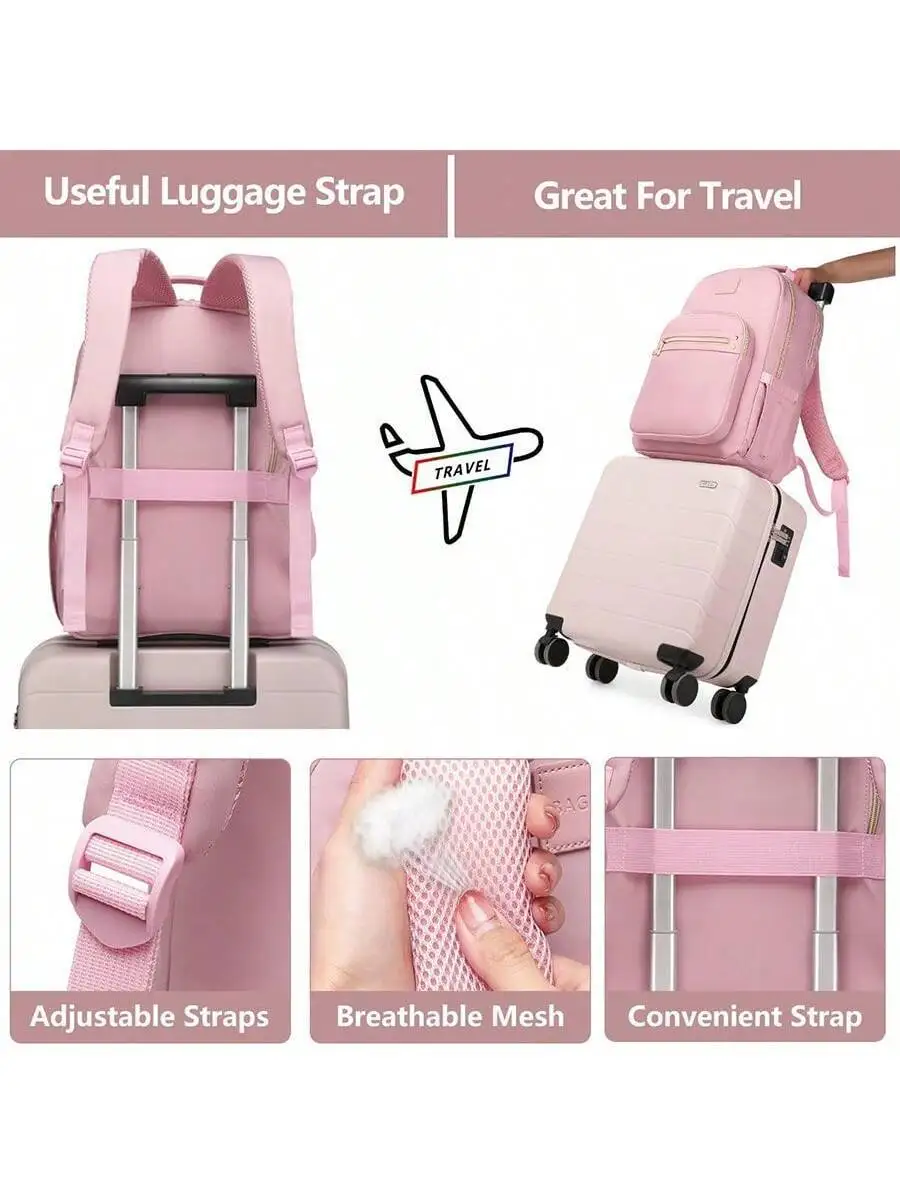 

Pink Laptop Backpack For Women Waterproof 15.6 Inch With USB Port Adjustable Straps Breathable Mesh