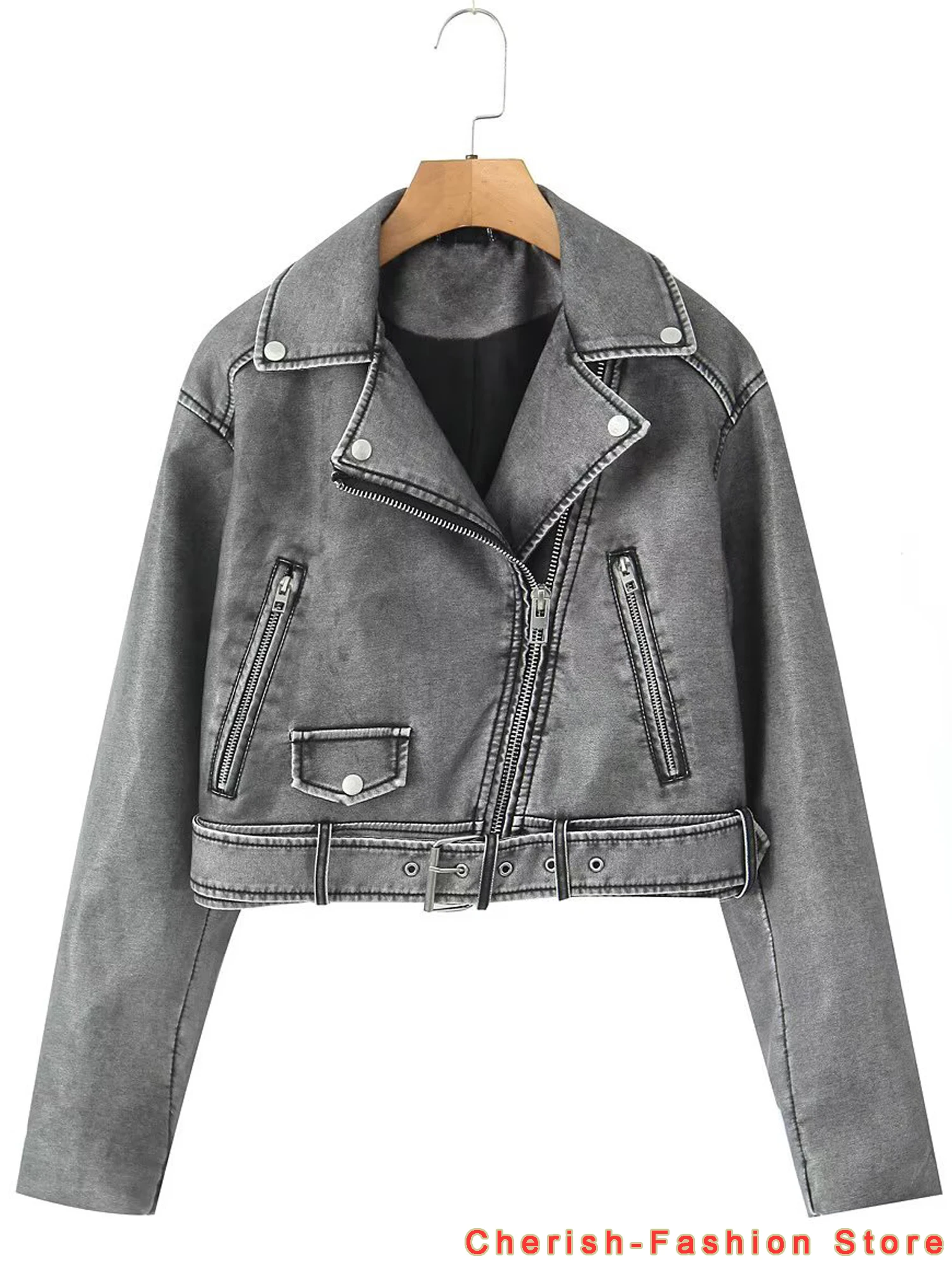 2023 New Autumn Women Vintage Bomber Washed PU Faux Leather Jackets Ladies Gradient Zipper Motor Biker Gray Leather Jacket Short