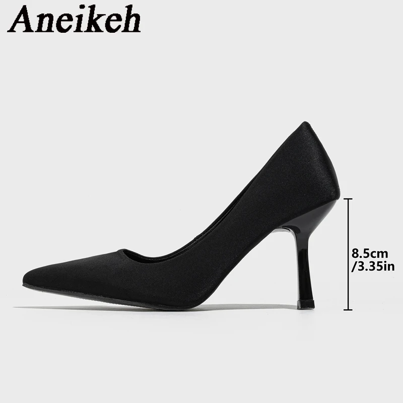 Aneikeh 2024 NEW Pumps Women Concise Pointed Toe Thin Heels PU Slip-On Office & Career Wedding Banquet Dress Mule Ladies Shoes