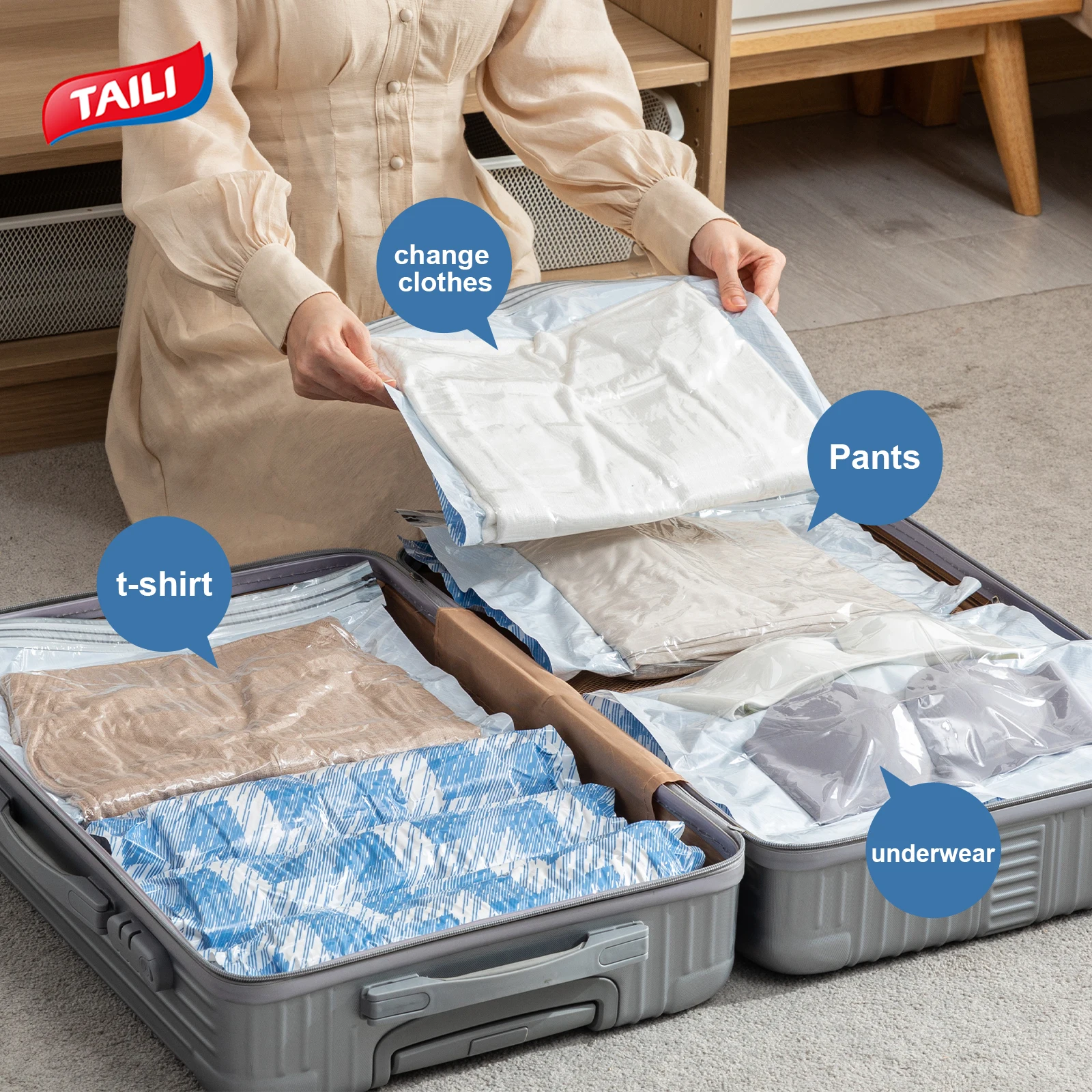 TAILI Travel 10 Stück Roll-Up Space Saver Camping-Taschen, wasserdichte Vakuum-Reisetaschen, Kompressions-Vakuumbeutel für Kleidung, Gepäck