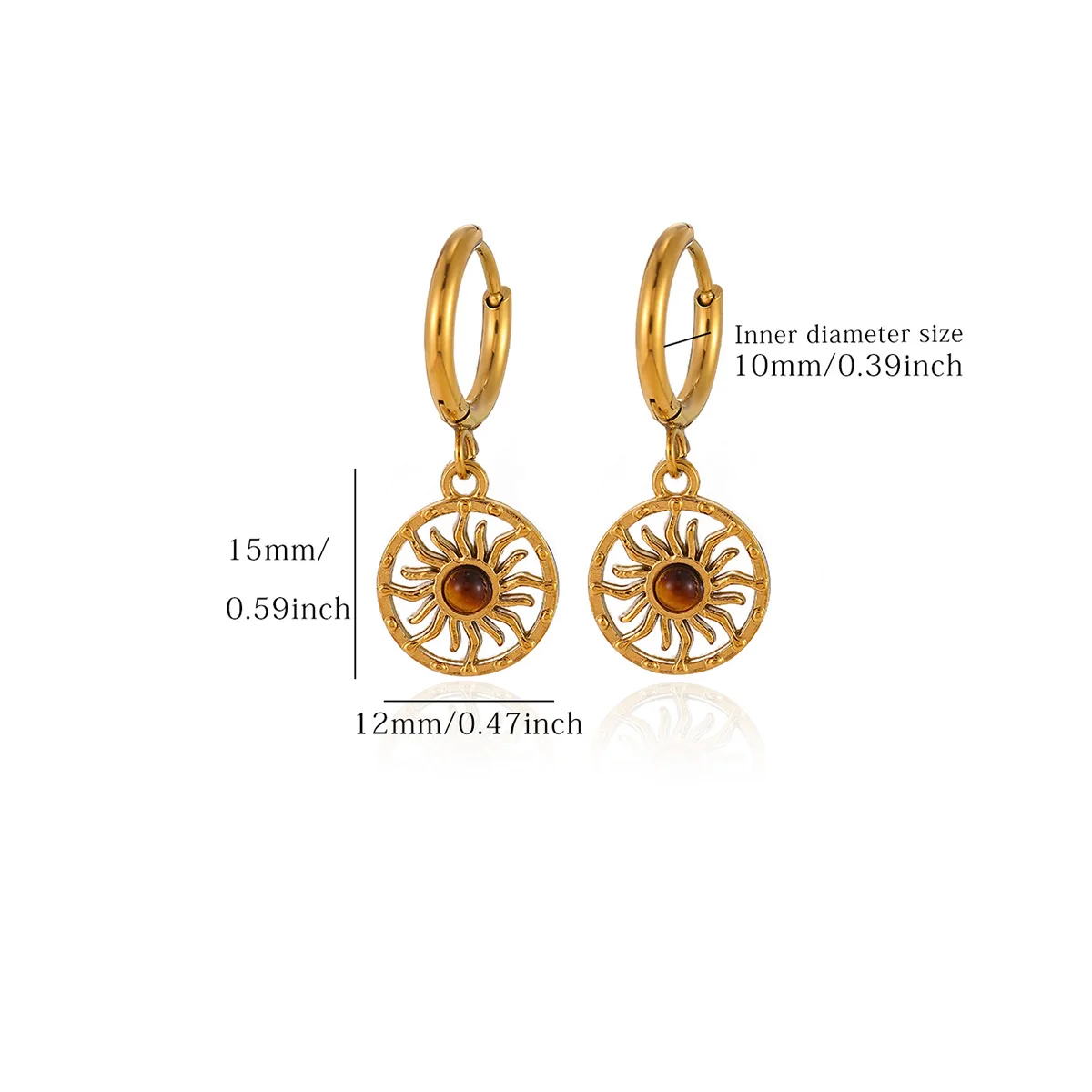 Stainless Steel Natural Tiger Stone Sun Drop Earrings for Women Round Hoop Earring Fashion Party Jewelry Birthday Gift Wholesale