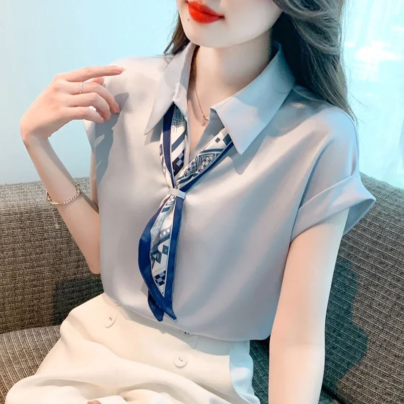 Elegant Summer Office Silk Blouses Women 2024 Fashion Short Sleeve Blue Ladies Tops Korean Style Clothes y2k Work Chiffon Shirts