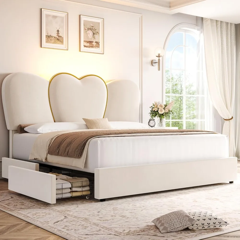 

King LED Bed Frame with 4 Storage Drawers, with 55" Tall Heart Shaped Headboard, Modern Velvet Upholstered Platform Bed