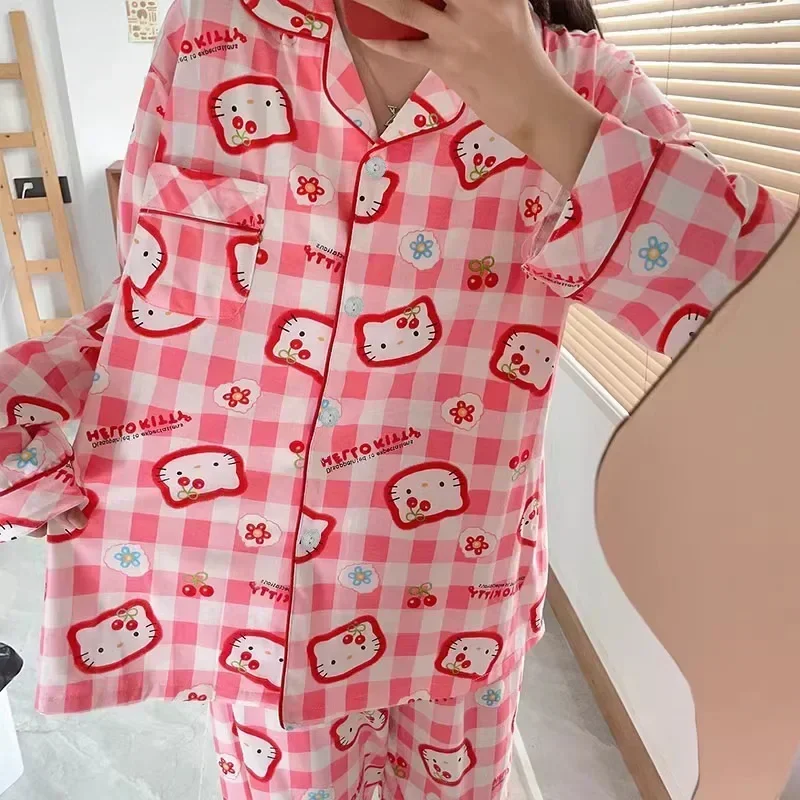 Sanrio Hello Kitty autumn pure cotton new long-sleeved trousers casual women\'s pajamas silk pajamas women\'s loungewear set