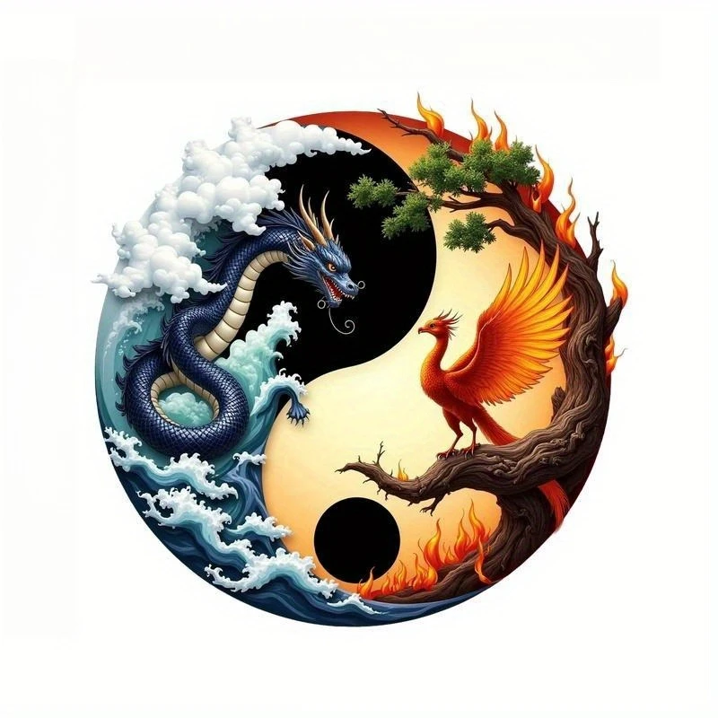 Traditional Yin Yang Dragon Phoenix Vinyl Decal Self Adhesive Weatherproof Sticker for Car Bike Scooter Notebook