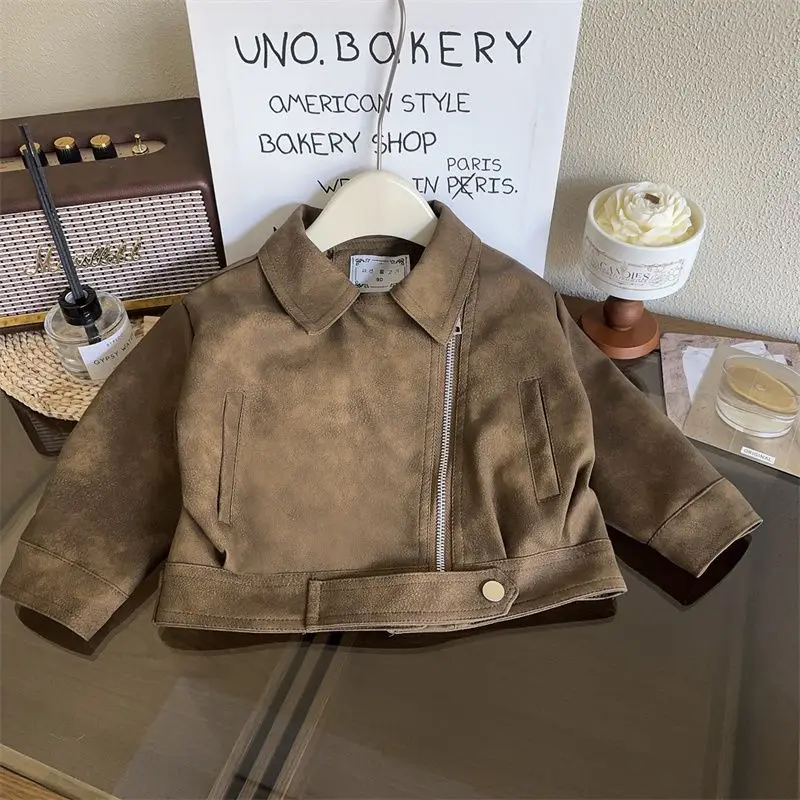 

Children's Coats Korean Version Leather Jacket Vintage Biker Wear with Loose Lapels for Kids Baby Girl Winter Clothes