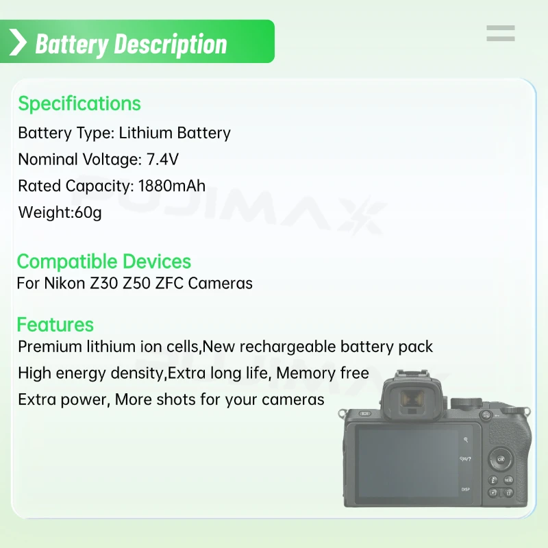 PUJIMAX 1880mAh EN-EL25 EN-EL25a Camera Battery For Nikon Z30 Z50 Zfc Mirrorless Camera