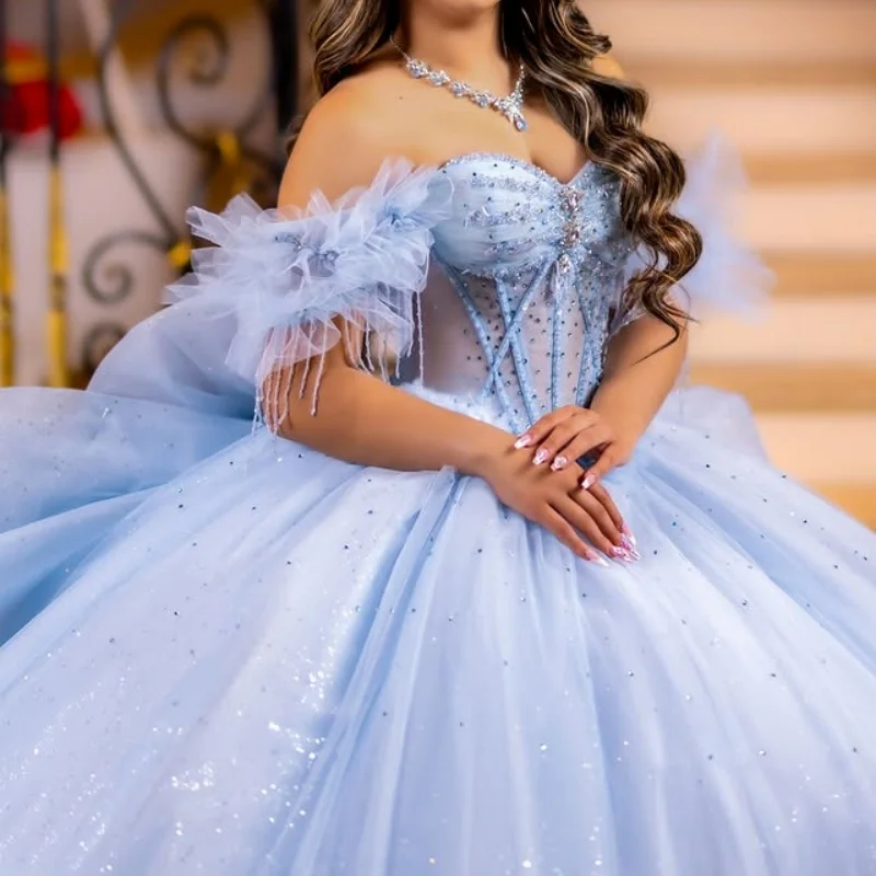 

Sky Blue Quinceanera Dress off-shoulder glitter decal Long tail Lacelayering Bow vestidos de 15 Quinceanera ﻿Customize