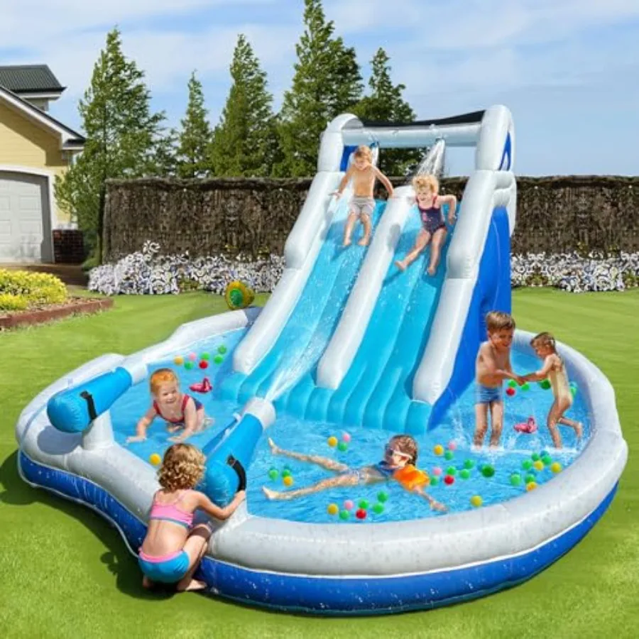 

Inflatable Water Park with Dual Slide and Splash Pool for Ages 5 Up Blue White 212.6x145.67x82.68 inch