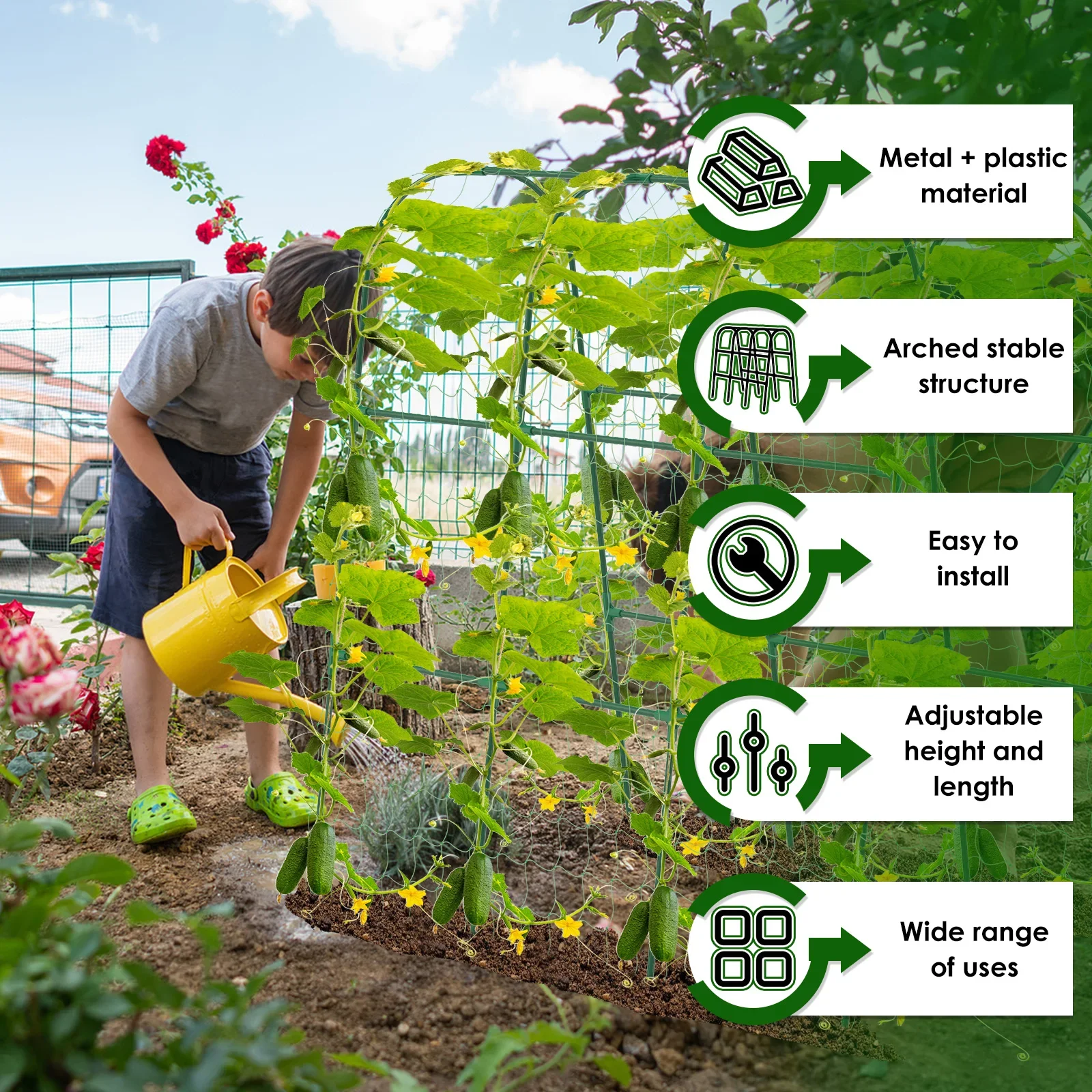 Cucumber Trellis U Shape Garden Support Frame with Net Detachable Rustproof Outdoor Vegetable Trellis for Climbing Plants Tomato