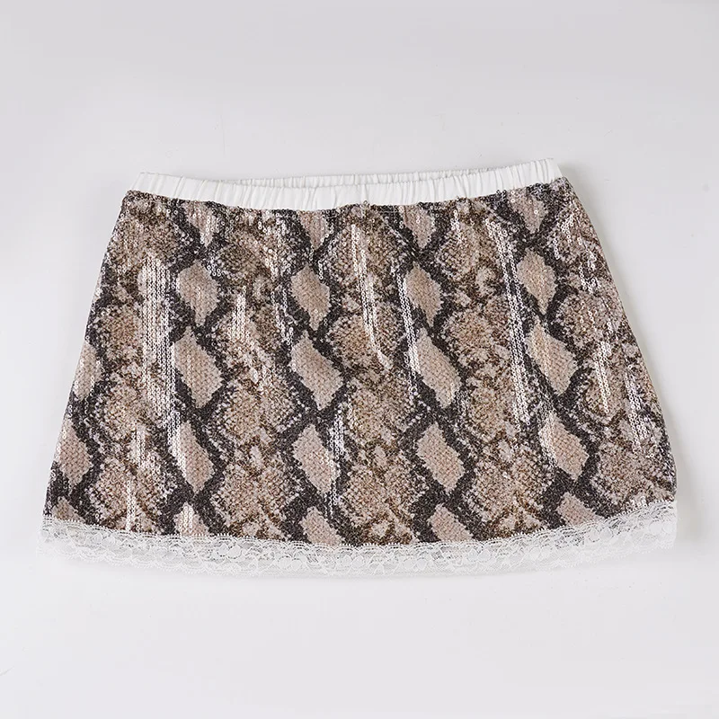 

Sexy Snake Pattern Printed Sequined Bead Hip Skirt Women Lace Splicing Sexy A-shaped Mini Short Skirt