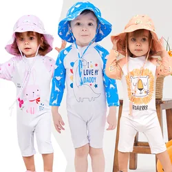 1-3Y Baby One Piece Swimsuit 3-7Y Children Kids Swimwear Beach Wear Bathing Suit Long Sleeve Sunscreen Animal Print With Sunhat