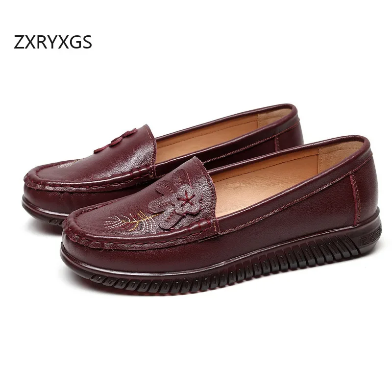 ZXRYXGS Soft Cowhide Flowers Cow Tendon Sole Flats Women Shoes 2024 Elegant Comfortable Middle-aged and Elderly Leather Shoes