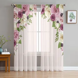 Pink Rose Flower Sheer Curtains for Living Room Decoration Window Curtain for Bedroom Kitchen Tulle Voile Organza Drapes