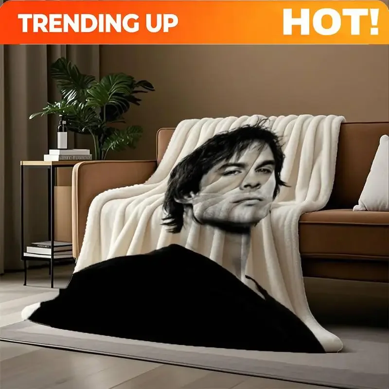 Custom 1pc Ian Somerhalder Portrait Print Flannel Blanket - Black And White Actor Face Photo, Soft All-Season Sofa, Bed, Camping