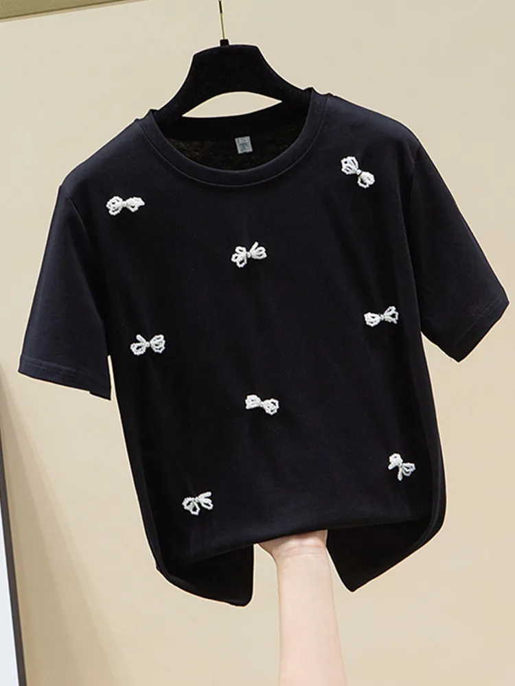 SMTHMA Sweet Black White Short Sleeved T-Shirt For Women's 2024 Summer New Korean Style Design Pure Cotton Butterfly Pearls Top