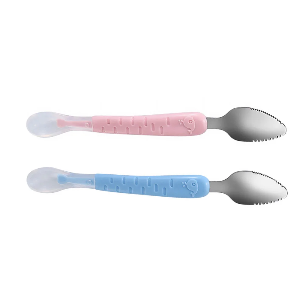 2 Pcs Scraper Silicone Handle Spoon Stainless Steel Head Baby Training Learning Tableware Fruit Toddler Serving Utensils