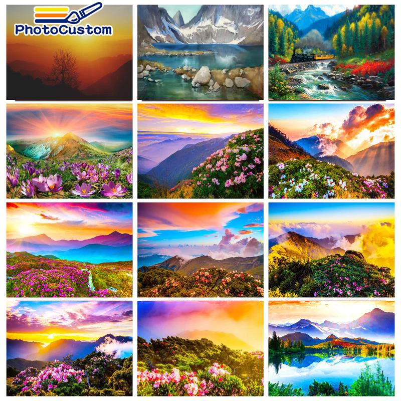 PhotoCustom Paint By Number Mountain Landscape Kit HandPainted DIY Gift Drawing On Canvas Digital Painting Coloring By Number De