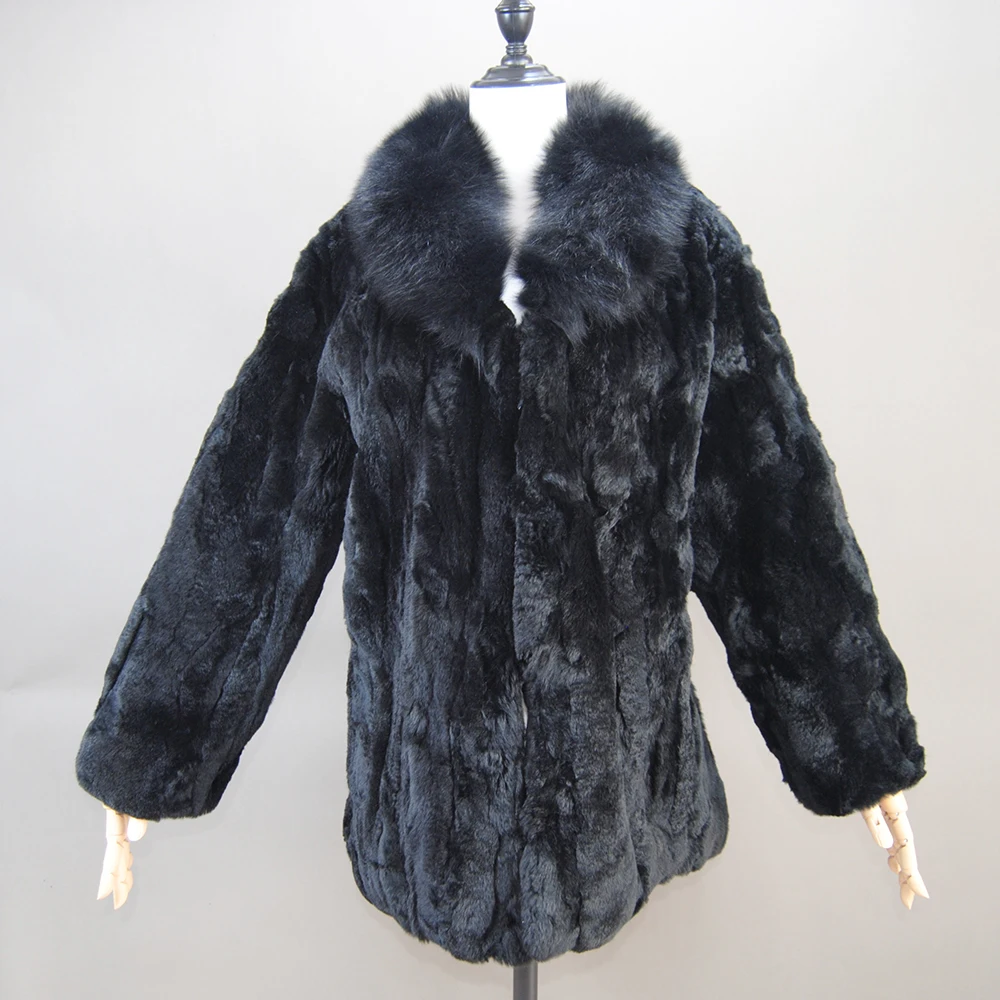 2024 Luxury Women Winter Thick Real Rex Rabbit Fur Coat Lady Warm Quality 100% Genuine Rex Rabbit Fur Jacket With Fox Fur Collar